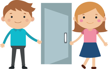 Cartoon illustration of children showing good manners by holding the door open