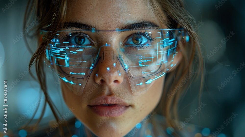Poster close-up of a technologically advanced android woman with holographic data overlays and cybernetic f