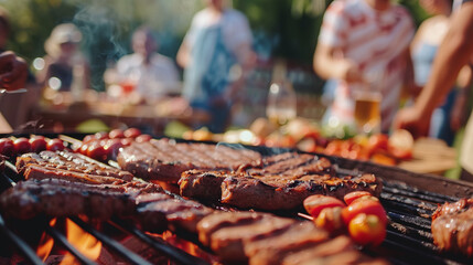 close view of steaks on the grill at a backyard barbecue party, with a blurred background of people sitting relaxed