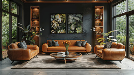 Modern Living Room Design with Leather Armchair Black Sofa and Wooden Cabinet on Dark Background