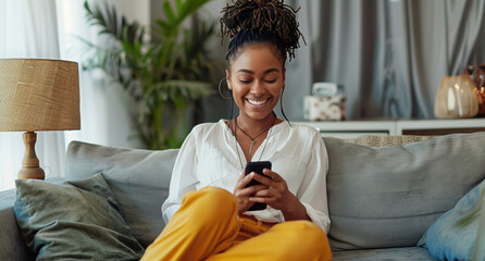 Happy, black woman and credit card with phone on sofa for online shopping, payment code and fintech at home. Mobile banking, finance and password to upgrade subscription, ecommerce and money savings