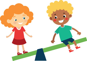 Happy children playing on a seesaw in a fun and colorful cartoon illustration