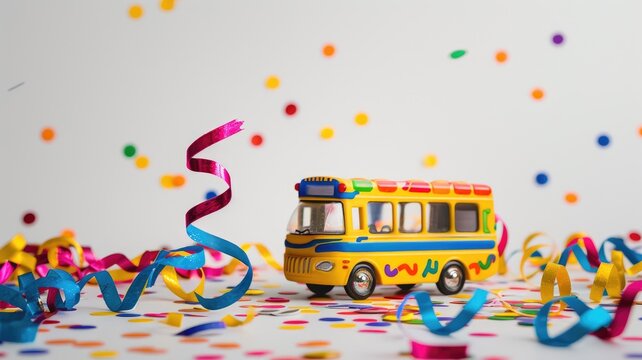 Colorful toy bus surrounded by festive confetti and ribbons