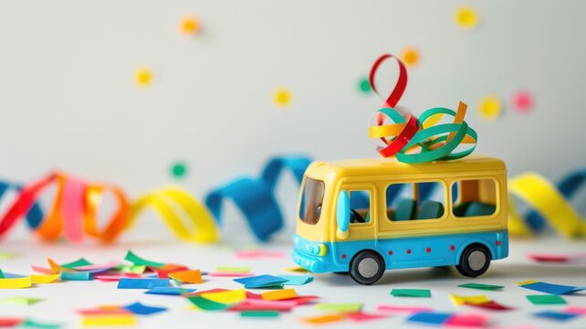 Colorful toy bus with celebratory ribbons and confetti