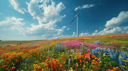 A wind turbine in the foreground with a field of wildflowers underneath, showcasing the harmony between renewable energy and nature