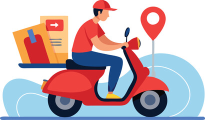 Illustration of delivery service worker on scooter transporting packages with location icon