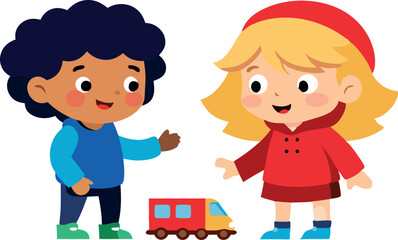 Illustration of two cute cartoon kids with a toy truck on a white background