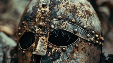 Obraz premium Close-up of detailed, ornate, weathered metal warrior helmet with intricate engravings
