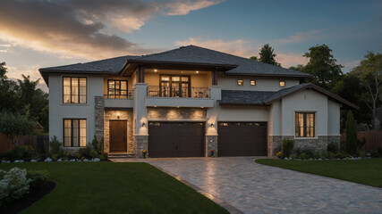 Modern single-story house with lush green garden and large garage under twilight sky, perfect symmetry.