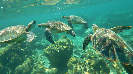 Fototapeta premium Sea Turtles Swimming. Four sea turtles swimming gracefully underwater over a coral reef.