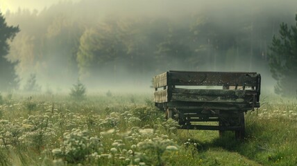 Naklejka premium Old wooden cart on misty meadow with trees in background