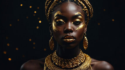 A striking portrait showcasing a woman with gold makeup, glittering lips, and intricately styled braided hair, set against a dramatic dark background.