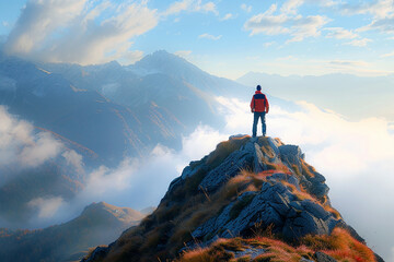 A lone hiker in a red jacket standing on a mountain peak, gazing at the expansive mountain range and sky, conveying a sense of adventure and achievement.
