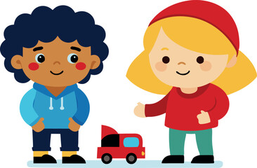 Illustration of two cute cartoon kids with a toy truck on a white background