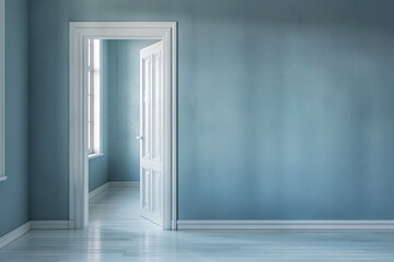 Open white door leading to a light-filled room, symbolizing opportunity and new beginnings, with a serene blue wall backdrop.