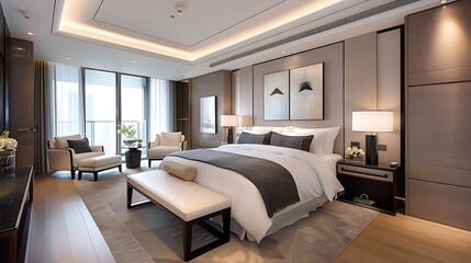 Sumptuous bedroom with a glamorous design, featuring luxurious fabrics, elegant furniture, and opulent decor, creating a space that exudes sophistication and style. Copy space for text, sharp focus