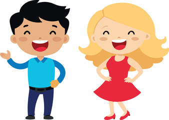 Fototapeta premium Happy cartoon boy and girl characters smiling and waving