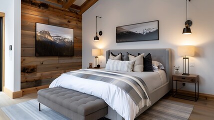 Elegant bedroom with a rustic design, featuring reclaimed wood furniture, cozy textiles, and warm lighting, creating a charming and comfortable retreat. Copy space for text, sharp focus and clear