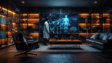 futuristic medical lab with holographic displays showing advanced technology in medicine scientist interacting with display high-tech equipment digital screens innovation science