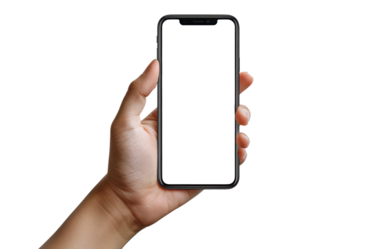 modern smartphone with transparent screen in left hand on transparent background, smartphone in hand, png mockup for any background and any image on the screen, generative ai