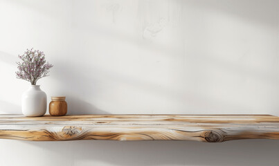 Light Wood Table with White Wall Background for Product Display High Resolution Minimalistic Interior Design Template