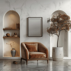 Minimalist Modern Interior with Armchair, Marble Vase, Concrete Pot, Tree, and Canvas Mockup in White Wall Arched Shelves Setting