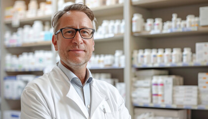 Fototapeta premium A pharmacist is smiling and crossing arms as they provide service at a pharmacy