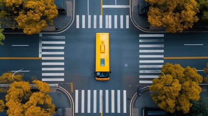 Aerial view of a yellow school bus crossing an intersection with fall foliage and perfect symmetry on a clear city day.