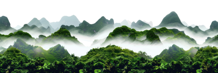 Green lush Amazon tropical rainforest jungle with towering hills landscape with misty mountains at dawn cut out, isolated, transparent background - PNG.