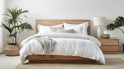 Obraz premium Chic bedroom with a tropical design, featuring vibrant textiles, lush greenery, and light wood furniture, creating a bright and relaxing space. Copy space for text, sharp focus and clear light, high