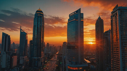 Fototapeta premium Sunset view of a metropolitan city skyline with tall buildings and a vibrant orange and purple sky.
