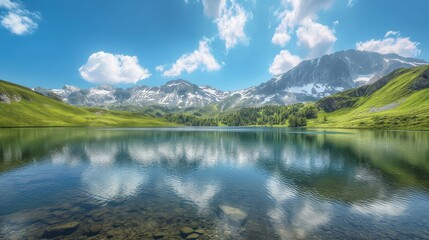 Fototapeta premium Tranquil Mountain Lake Reflecting Clouds on a Sunny Summer Day
