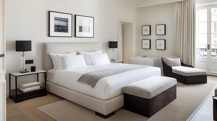 Fototapeta premium Sumptuous bedroom with a Parisian design, featuring elegant furniture, luxurious fabrics, and chic decor, creating a space that exudes sophistication and style. Copy space for text, sharp focus and