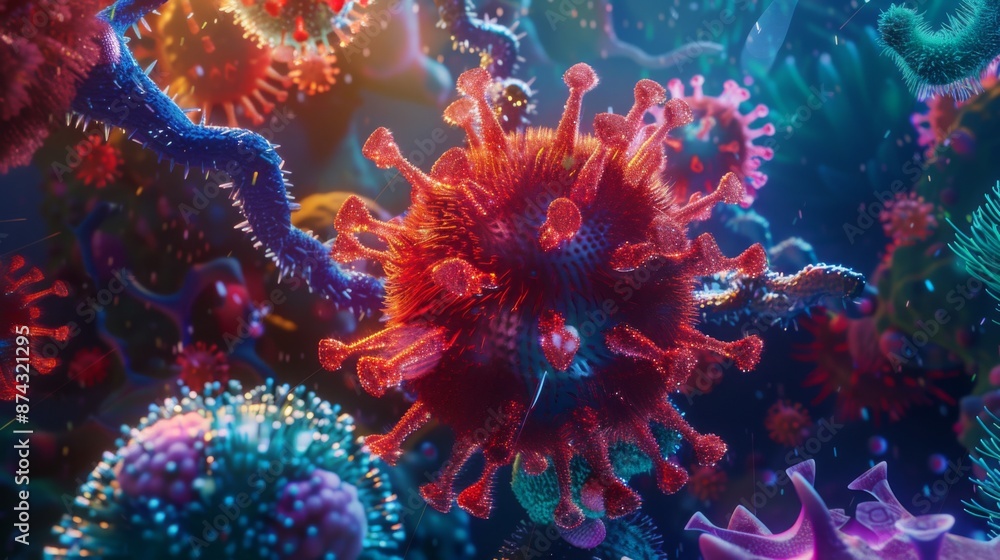 Aufkleber a close-up view of several coronavirus particles, showcasing their intricate structure and vibrant c