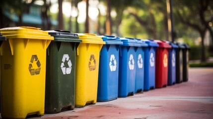 Colorful Recycling Bins Lined Up on a Sidewalk