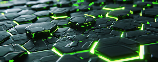 Fototapeta premium A seamless metallic texture featuring a grid of interconnected hexagons and glowing green highlights, suggesting advanced engineering.
