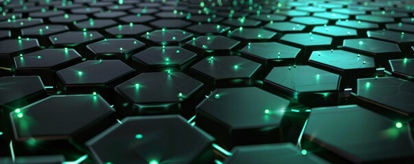 Fototapeta premium A seamless metallic texture featuring a grid of interconnected hexagons and glowing green highlights, suggesting advanced engineering.