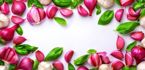 Some shallots and garlic are arranged in a circle on the edge on a white background
