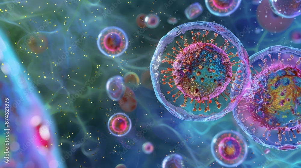 Fototapete a colorful, digital illustration of multiple virus particles, showing their complex structures and a