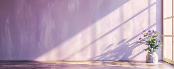 A serene depiction of an empty wall painted in pastel lavender, with a smooth texture and natural light, creating a calm and inviting atmosphere.