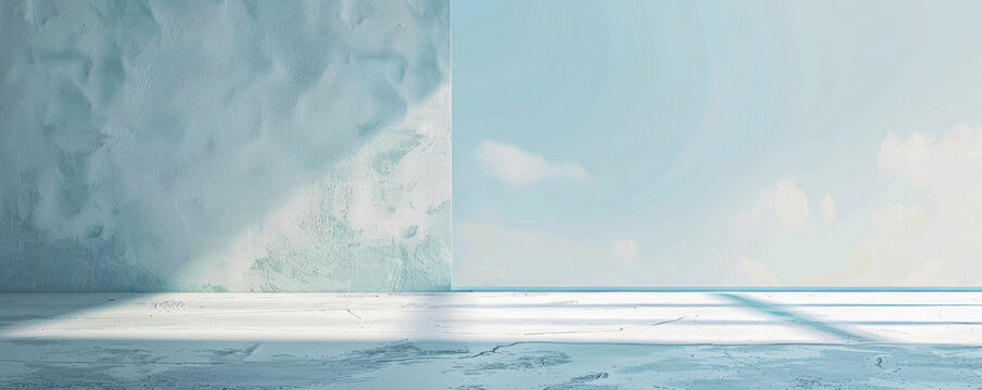 A serene image of an empty wall in light sky blue, with a smooth texture and gentle sunlight filtering in, creating a calm and peaceful backdrop.