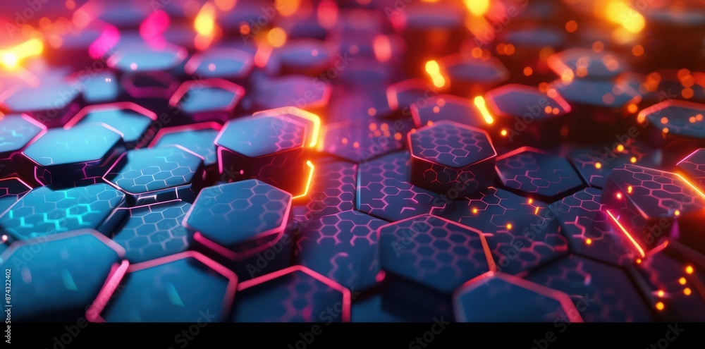 Poster abstract digital pattern of hexagons in red, blue, and black with glowing lines