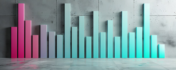 A sleek bar chart with turquoise and magenta bars reflecting stock market performance, with bars of varying heights on a neutral gray background.