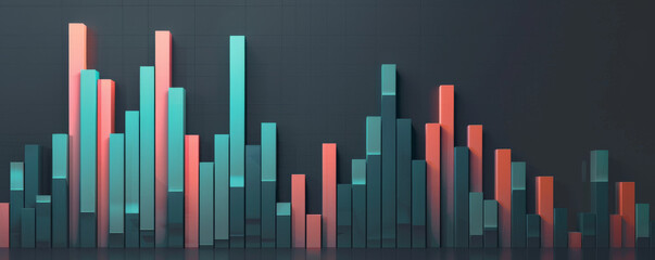 Obraz premium A sleek bar chart with teal and coral bars reflecting stock price changes, with the bars moving up and down against a dark gray background.
