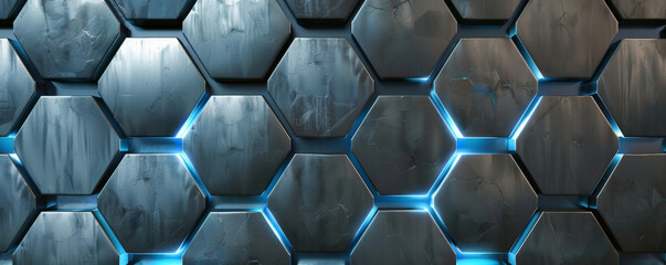 A smooth metal surface with a repeating pattern of hexagonal tiles, each with a different shade of metallic sheen and glowing blue accents.