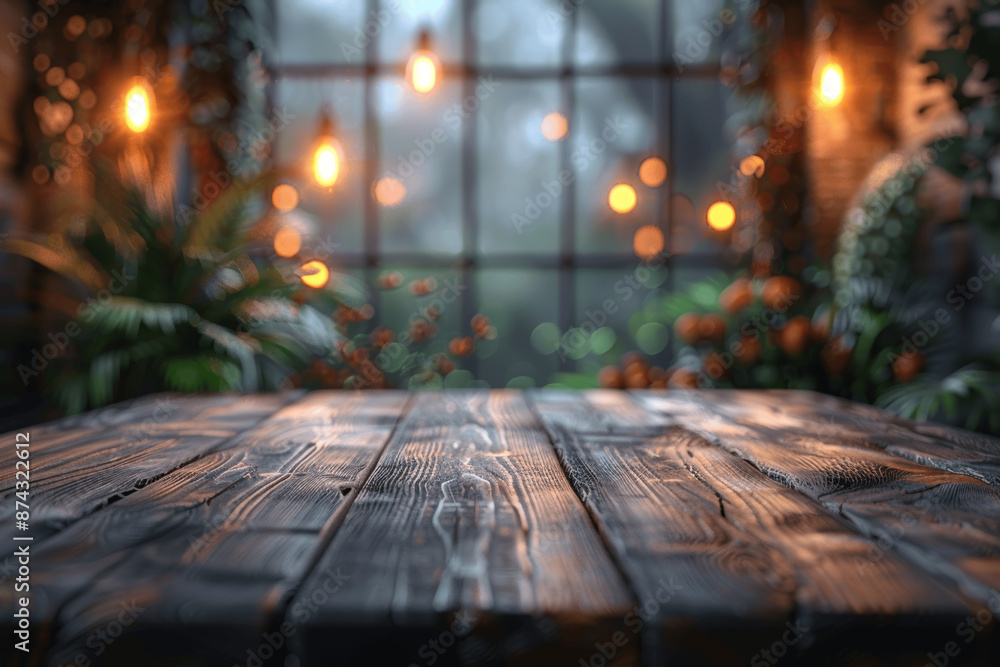 Poster wooden table top with blurred bokeh lights background for product display presentation or design ban