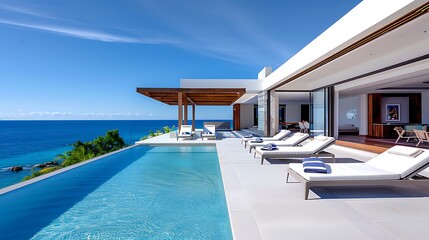 Fototapeta premium Private balcony terrace with comfortable lounge chairs and a cascading infinity pool overlooking a turquoise ocean