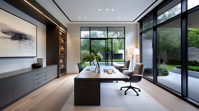 Elegantly appointed home office with a sleek, modern desk and a panoramic view of a manicured zen garden