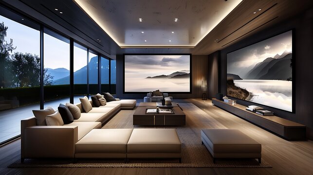 Dramatic home theater with plush reclining chairs, a colossal projector screen, and surround sound speakers for an immersive cinematic experience