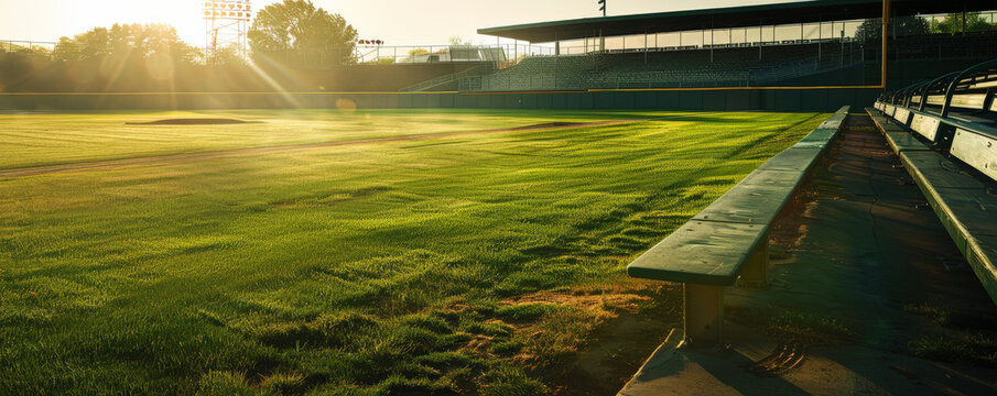 A tranquil baseball field at sunrise, with the early morning light casting long shadows on the grass. The empty stands and quiet atmosphere create a sense of anticipation for the day's game.